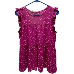 Maurices Career Tank Women's Medium Ruffled Magenta White Dot Sleeveless Top EUC